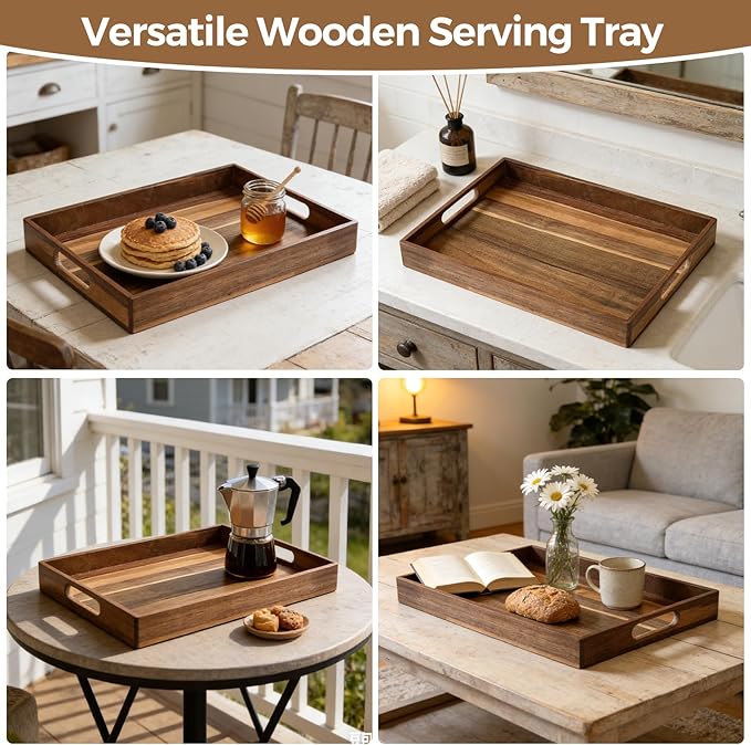 Acacia Wood Serving Tray with Handles, 17 Inch Wooden Tray for Ottoman, Breakfast, Lunch, Dinner, Decorative Rectangular Tray for Living Room, Kitchen Counter, Outdoor