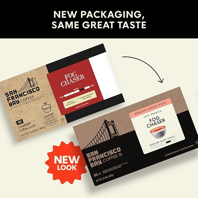 San Francisco Bay Coffee - Medium-Dark Roast - Fog Chaser (80 ct) - Single Serve Coffee Pods, Commercially Compostable, K Cup Compatible
