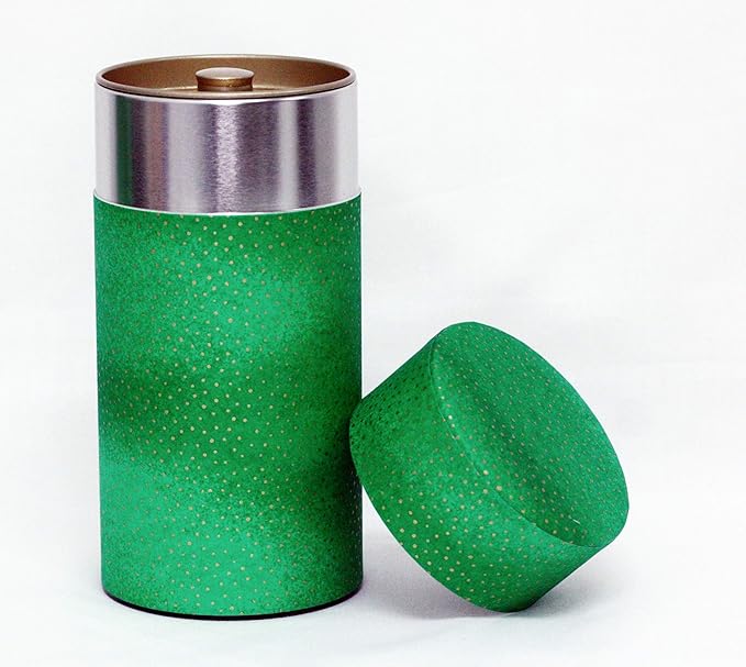 Washi Paper Tea Tin Canister: Long 7oz (200g) Dotted Green (#6), Japan