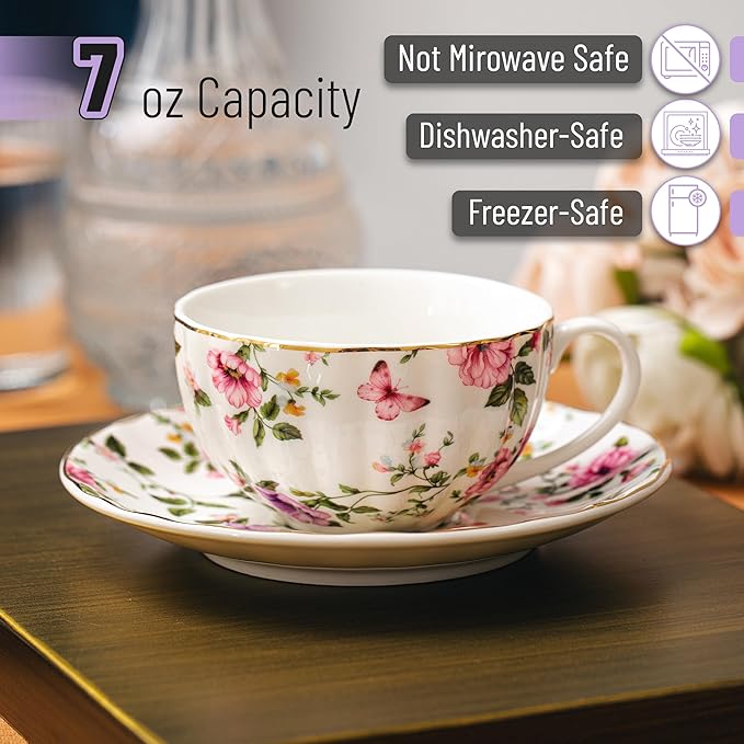 BTaT- Floral Tea Cups and Saucers Set of 6 (7 oz), Porcelain Tea Cups Set of 6, Modern Midnight Floral Design with Gold Trim, Dishwasher & Freezer Safe