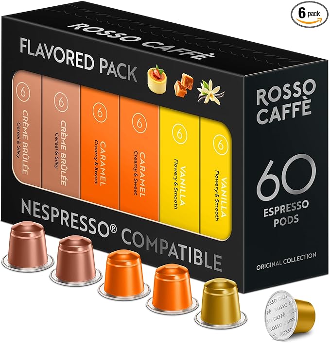 ROSSO CAFFÈ 60 Espresso Coffee Pods for Nespresso Original Machines - Pack of Premium Capsules, 3 Rich and Balanced Flavors (Vanilla, Crème Brulee, Caramel)