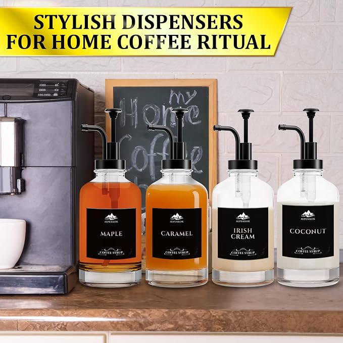 Set of 4 Glass Coffee Syrup Dispenser with Pump 16.9oz 500 ml – 18 Marked Labels – Leak-Proof Glass Syrup Bottles for Coffee Bar, Espresso Station & Barista Setups | Parties & Event Ready (Black) - Image 8