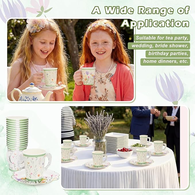 100 Sets Wildflower Floral Paper Tea Cups and Saucers Disposable Paper Tea Party Supplies 9 oz Cups with Handle and Saucer for Birthday Wedding Party Decorations