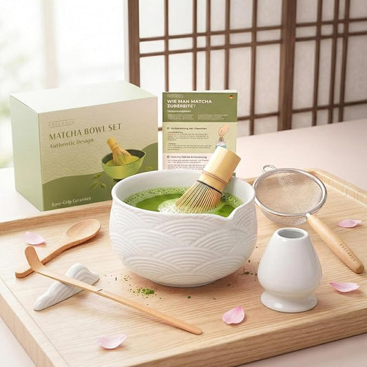 Matcha Kit Whisk Set (7 Pcs) - Complete Matcha Set, Matcha Bowl with with Bowl, Whisk and Holder, Bamboo Spoon/Scoop, Scoop Rester and Sifter incl. Booklet