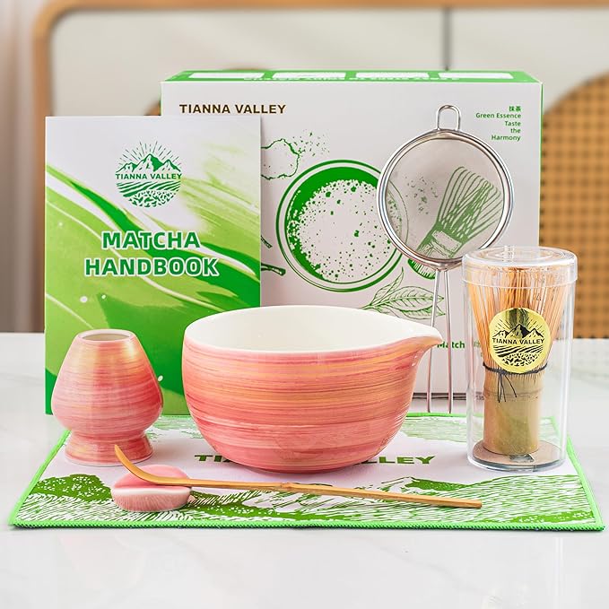 Matcha Whisk Set,7 Pcs Matcha Set Pink,Matcha Kit for Ceremony,480 Ml Ceramic Bowl(chawan) with Spout,Bamboo Whisk(100-prong) and Holder,Tradition Tea Set,Gift for Matcha Lovers
