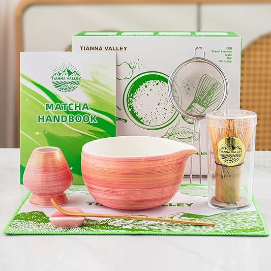 Matcha Whisk Set,7 Pcs Matcha Set Pink,Matcha Kit for Ceremony,480 Ml Ceramic Bowl(chawan) with Spout,Bamboo Whisk(100-prong) and Holder,Tradition Tea Set,Gift for Matcha Lovers
