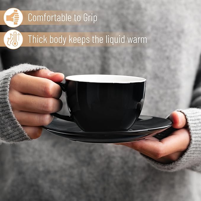 BTaT- Cappuccino Cups with Saucers 6 oz, Set of 6, Black Porcelain Coffee Cup and Saucer Set for Latte, Mocha, Tea, Au Lait, Flat White, Dishwasher, Microwave, Freezer and Oven Safe