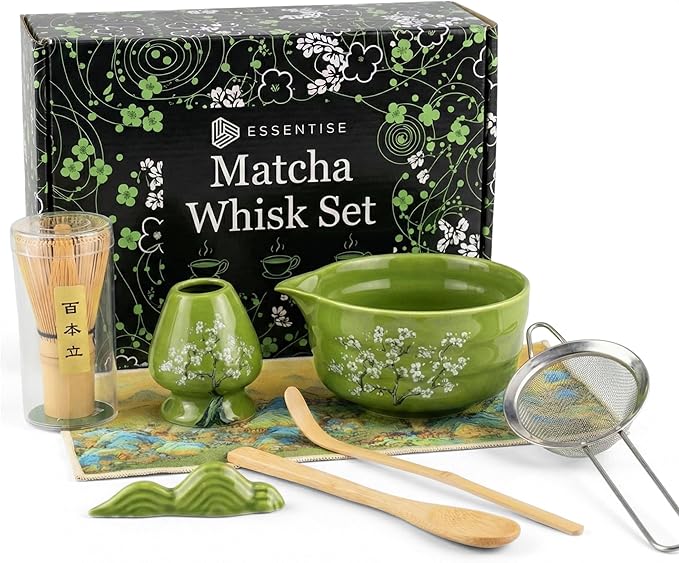 Matcha Whisk Set – 8-Piece Japanese Tea Ceremony Kit with Ceramic Bowl, Bamboo Chasen, Spoon Rest, Scoop, Sifter, Holder & Towel, Authentic Matcha Starter Set for Tea Lovers