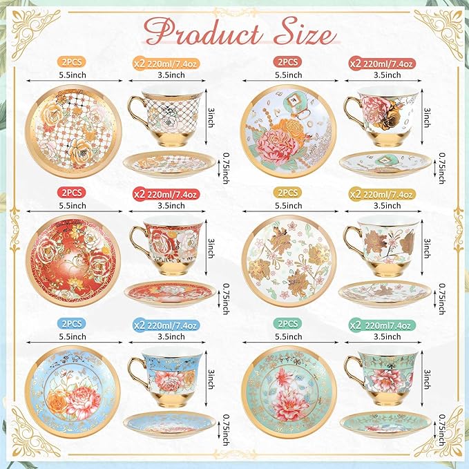 Set of 12 Tea Cups and Saucers Tea Party Decorations Floral Porcelain 7.4 oz British Gift for Women Birthday Party, Church, and Mother's Day (Stylish Style)