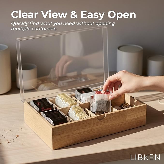 Wooden Tea Bag Organizer Box – 8 Compartment Tea Storage with Clear Lid – Minimalist Scandinavian Design – Versatile Wooden Tea Box for Tea Bags, Jewelry, Crafts, Office & Countertop Storage