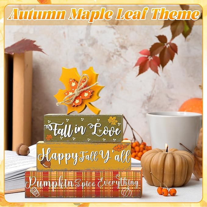 Geelin 4 Pcs Thanksgiving Decorations Fall Wooden Sign Maple Leaves Thanksgiving Pumpkin Table Centerpiece Tiered Tray Decor Fall Wood Blocks Tiered Tray Decor Table Top Sign for Home