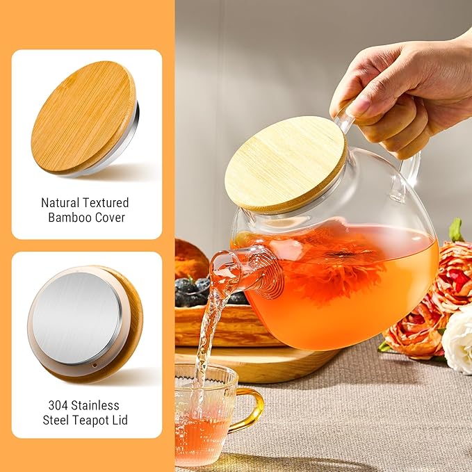 PARACITY Glass Teapot Stovetop 34oz/1000ml, Borosilicate Clear Tea Kettle with Removable 18/8 Stainless Steel Infuser,Glass Tea Kettle with Wooden Lid, Teapot for Loose Leaf Tea Fruit Tea Fragrant Tea