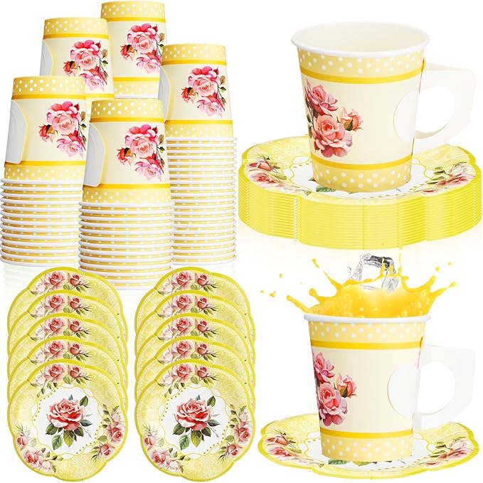 100 Pcs Tea Party Decorations Includes 50 7 oz Paper Tea Cups with Handle 50 Vintage Floral Plates Disposable Tea Cups and Saucers for Wedding Spring Party Birthday Hot Cold Drinks(Yellow)