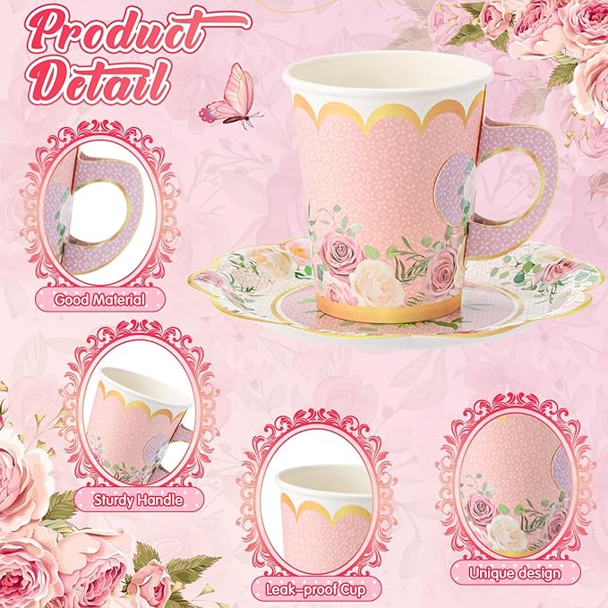 Tioncy 100 Pcs Tea Party Decorations Include 50 Pieces 9 oz Paper Tea Cups with Handle and 50 Plates Disposable Teacups and Saucers Sets for Birthday(Blossom)