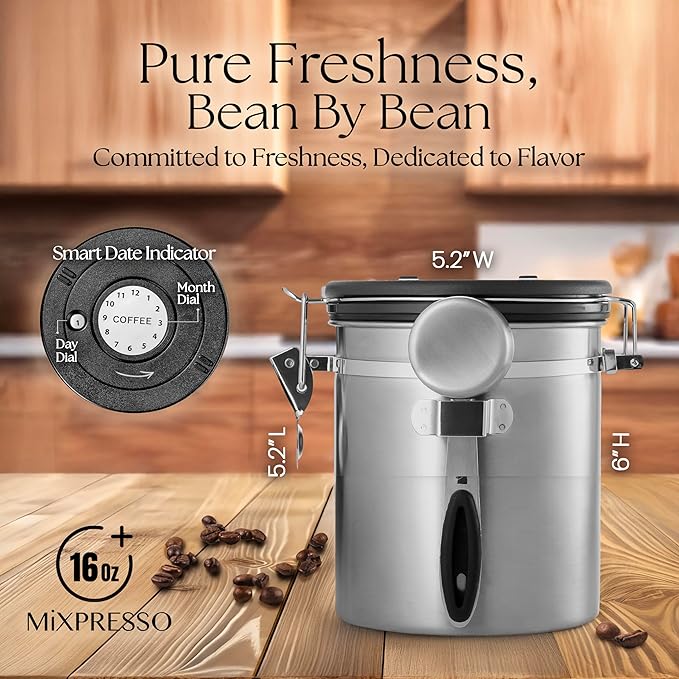 Mixpresso 16 Oz Stainless Steel Coffee Canister with Scoop and Window – Airtight Coffee Container with CO2 Valve for Bean Storage, Date Tracker Lid