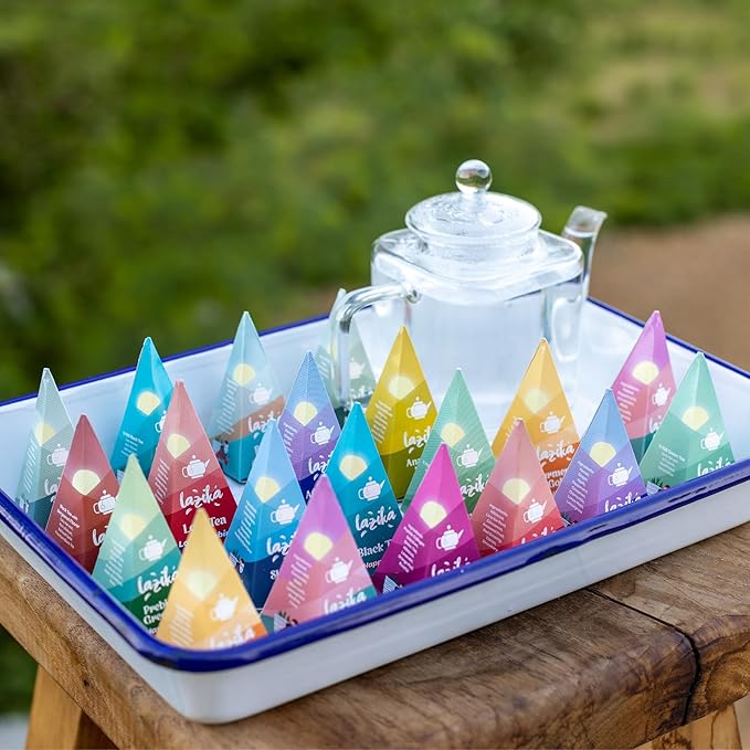 Lazika Tea Sampler with Lovely Presentation Box, 20 Counts, 4 of Each Blend Individually Wrapped, Black, Green and Herbal Tea Variety Gift Set, Premium Collection with Pyramid Infuser Bag, Handcrafted