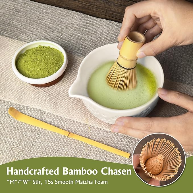 Matcha Whisk Tea Set Kit: Japanese Matcha Kit - Ceramic Bowl Bamboo Whisk Chasen Holder spoon Measuring Scoop Sifter - Traditional Practical for Tea Ceremony Breakfast Lattes - Home Kitchen Christmas