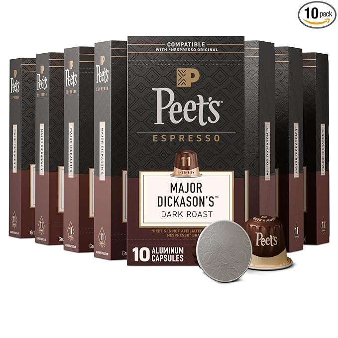 Peet's Coffee, Dark Roast Espresso Capsules, Compatible with Nespresso Original Machines, 100% Arabica Coffee - Major Dickason's Blend, Intensity 11, 100 Count (10 Boxes of 10 Espresso Capsules)