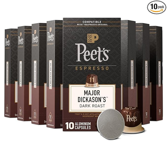 Peet's Coffee, Dark Roast Espresso Capsules, Compatible with Nespresso Original Machines, 100% Arabica Coffee - Major Dickason's Blend, Intensity 11, 100 Count (10 Boxes of 10 Espresso Capsules)