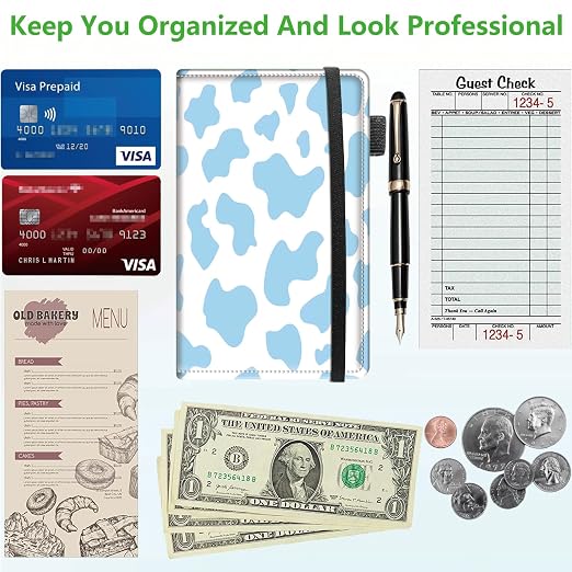 Server Books for Waitress, 5x9 Inch Waitstaff Server Order Pads, 11 Large Pockets, Cute PU Leather Waitress Book Server Wallet with Elastic Band Fit Server Apron,Blue Cow Prints - Image 5