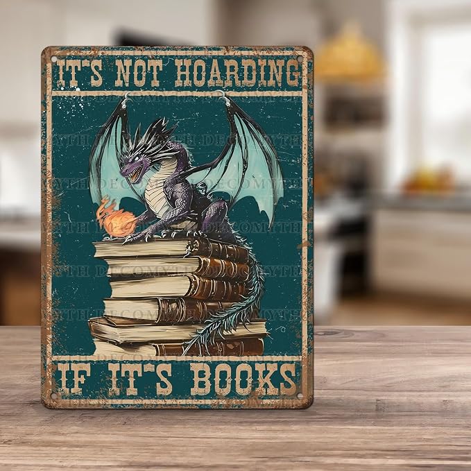 Metal Dragon Tin Sign It's Not Hoarding If It's Books Vintage Sign for Home Cafe Bedroom Library Bookshelf Wall Decor 12 * 16inch - Image 5