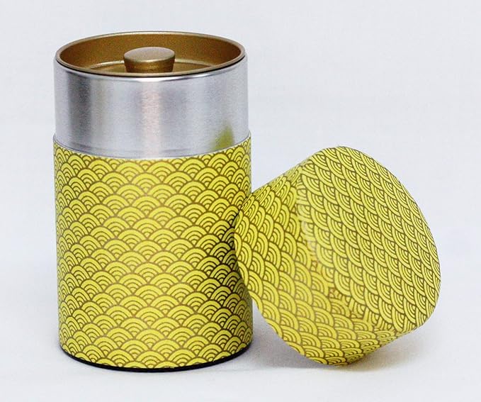 Washi Paper Tea Tin Canister: Long 3.5oz (100g) Bright yellow waves with gold outlines (#87), Japan