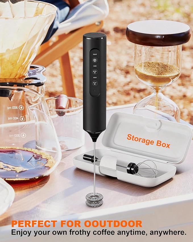 Rechargeable Handheld Milk Frother Wand with 3 Whisks & Storage Box, 3-Speed Electric Drink Mixer for Latte, Cappuccino, Hot Chocolate, Matcha and Eggs, Kitchen & Coffee Gift Set