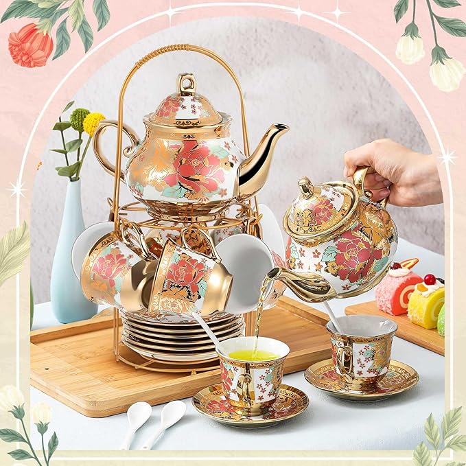 Zhehao 20 Pcs Porcelain Tea Set with Metal Holder and Spoon Adult Ceramic Tea Set European Flower Painting Teapot Cup Saucer Spoon for Women, Large Version(Stylish Style)