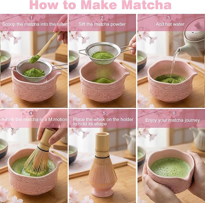 Matcha Whisk Set,7 Pcs Matcha Kit Set with Bowl & Holder, Bamboo Whisk (Chasen), Scoop, Spoon and Sifter and Tea Towel,Matcha Kit Covers Everything Needed for Making Matcha (Pink)
