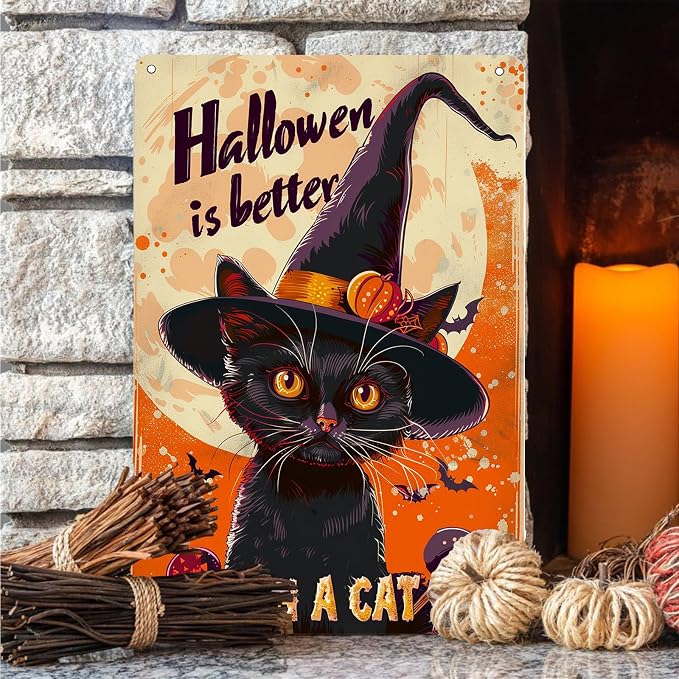 KanaAt Halloweenis Better with a Cat Retro Metal Sign Vintage Tin Sign for Cafe Bar Home Front Porch Office Indoor Outdoor Wall Decor Pre-Drilled Holes for Easy Installation 8x12 inch, diany-m89 - Image 5