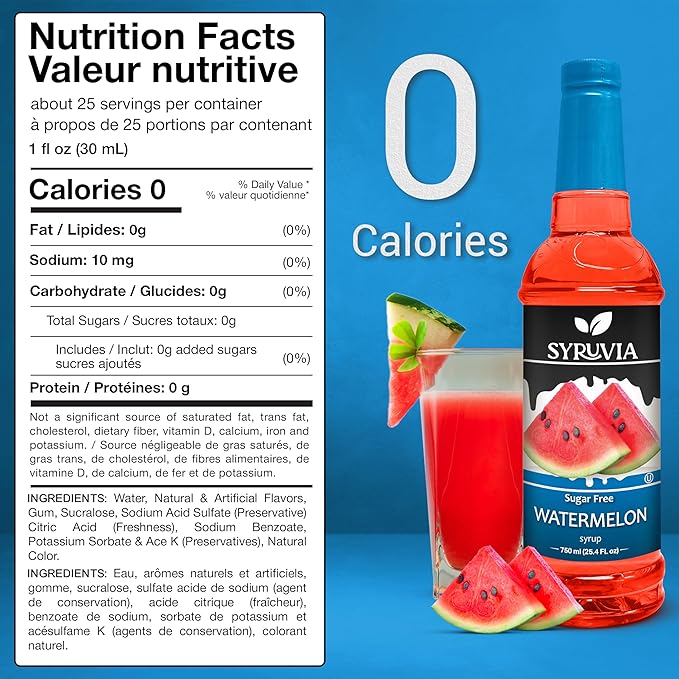 Syruvia Sugar-Free Watermelon Syrup, Flavored Syrup for Drinks, Cocktails, Lemonades, Iced Teas, and Desserts – 25.4 fl oz