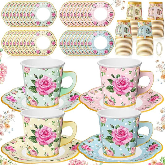 Umigy 36 Sets Tea Party Decorations 6.5 oz Floral Paper Tea Cups with Handle and Plates Disposable Blossom Teacups and Saucers Sets for Girls Kids Birthday Garden Wedding Party Supplies(Multicolored)