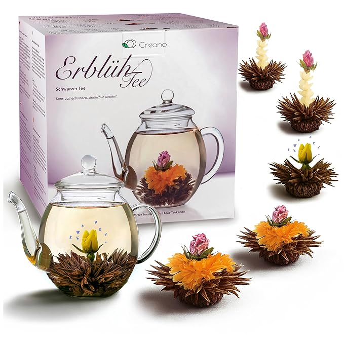 Creano Flowering Tea – Flower Tea Ball Gift set with 17oz Glass Teapot - Black tea