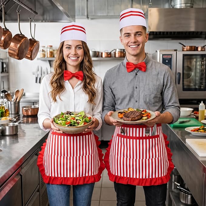 1950s Waiter Costume Kit, Soda Jerk Costume, Red and White Striped Half Apron with 2 Pockets, Chef Hat, Red Bow Ties - Image 6