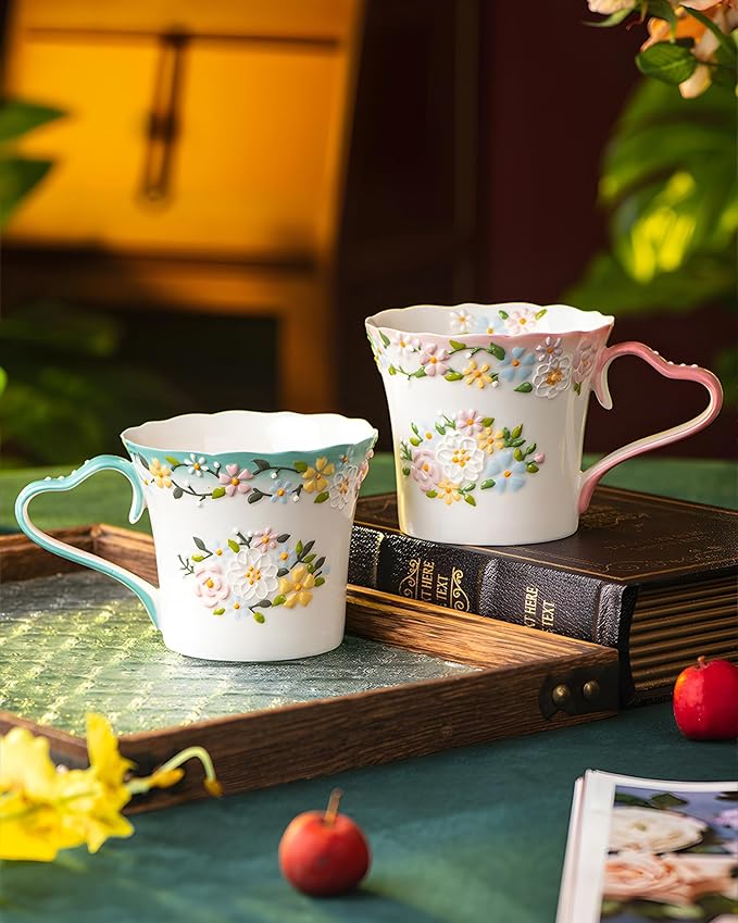 12oz Embossed Floral Ceramic Coffee Mug – Handcrafted Cottagecore Pottery Cup with Vintage Pastel Design, Dishwasher & Microwave Safe, Romantic Gift Mug for Her
