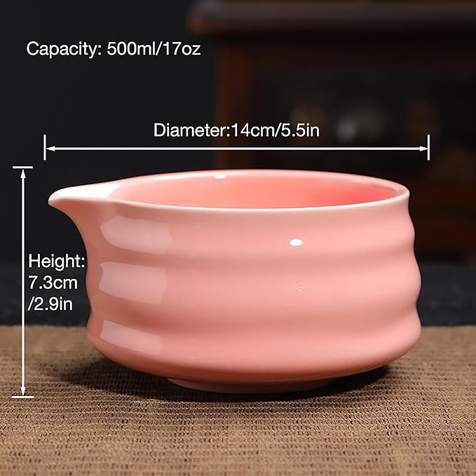 Ceramic Matcha Bowl with Spout 500ml / 17oz, Japanese Chawan for Whisking & Pouring, Handmade Matcha Tea Bowl for Green Tea Ceremony & Daily Use (Pink)