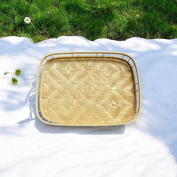 Rectangular Bamboo Wicker Serving Trays with Handles, Handwoven Coffee Trays for Coffee, Breakfast, Bread, Food, Dish and Decorative Tray for Dining Table (1)
