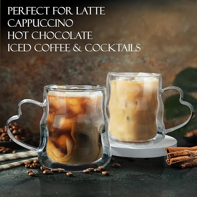 Joeyan 16.9oz Double Walled Insulated Coffee Mugs - Set of 2, Large Clear Latte Cappuccino Tea Espresso Cups with Handle, Heat Resistant Borosilicate Glass Drinking Coffee Mug for Hot Cold Drinks