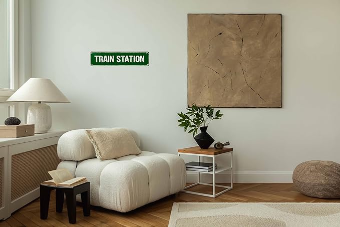 Train Station Metal Sign 4x16in Vintage Street Plaque for Office Living Room Hallway Indoor House Wall Decor
