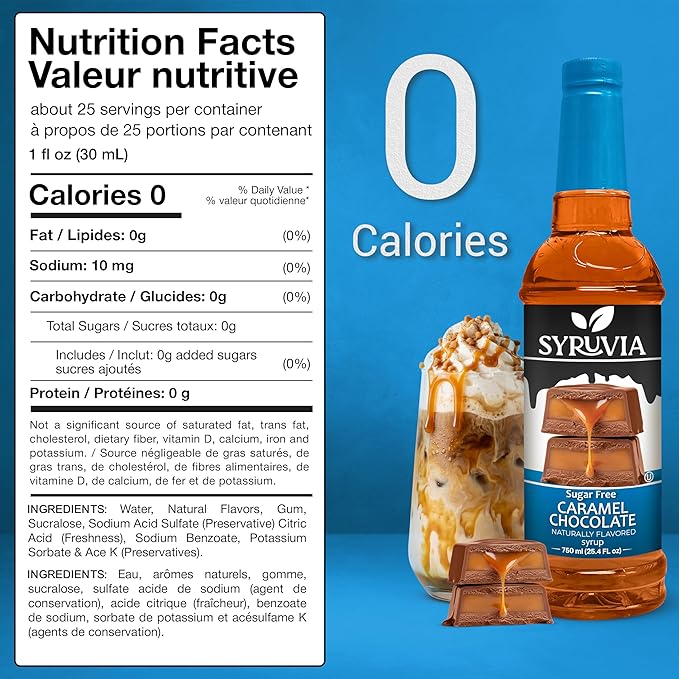Syruvia Sugar Free Coffee Syrup, Caramel Chocolate Flavored Syrup for Drinks, Lattes and Desserts – 25.4 fl oz