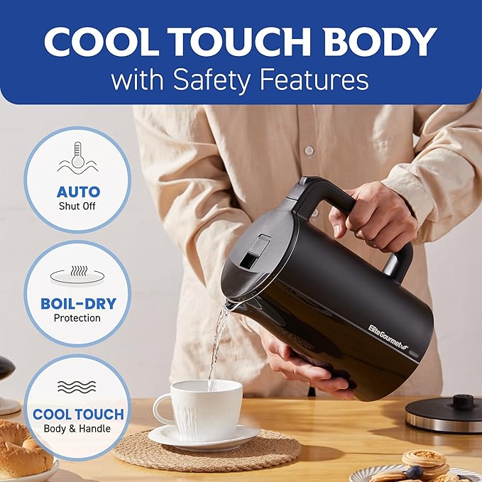 Elite Gourmet 1.7L Cool-Touch 1500W Fast Boil Electric Kettle, Fully Stainless Steel Lid & Interior BPA Free, Double Wall, Auto Shut-Off, Black