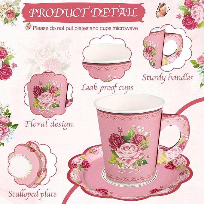 24 Sets Vintage Floral Tea Party Cups 7 OZ Disposable Paper Tea Cups with Handle and Plates Teacups and Saucer Sets for Baby Bridal Shower Wedding Birthday(Vintage Style)