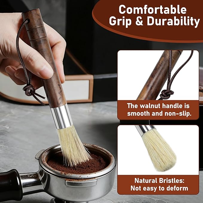 7PCS Coffee Grinder Cleaning Brush Set, Espresso Machine Cleaning Kit with Walnut Wood, Multifunctional Bristle Tools for Barista for Home Kitchen Commercial Use