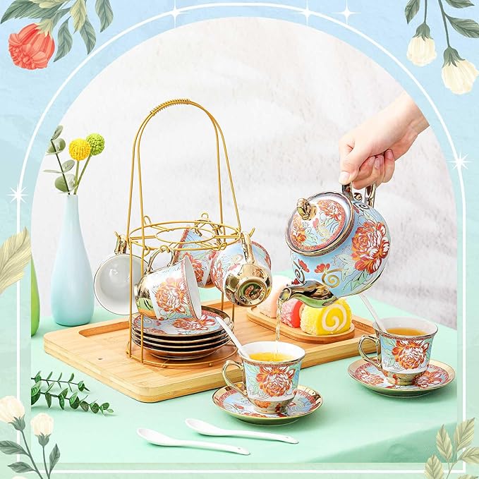 Zhehao 20 Pcs Porcelain Tea Set with Metal Holder and Spoon Adult Ceramic Tea Set European Flower Painting Teapot Cup Saucer Spoon for Women, Large Version(Retro Style)