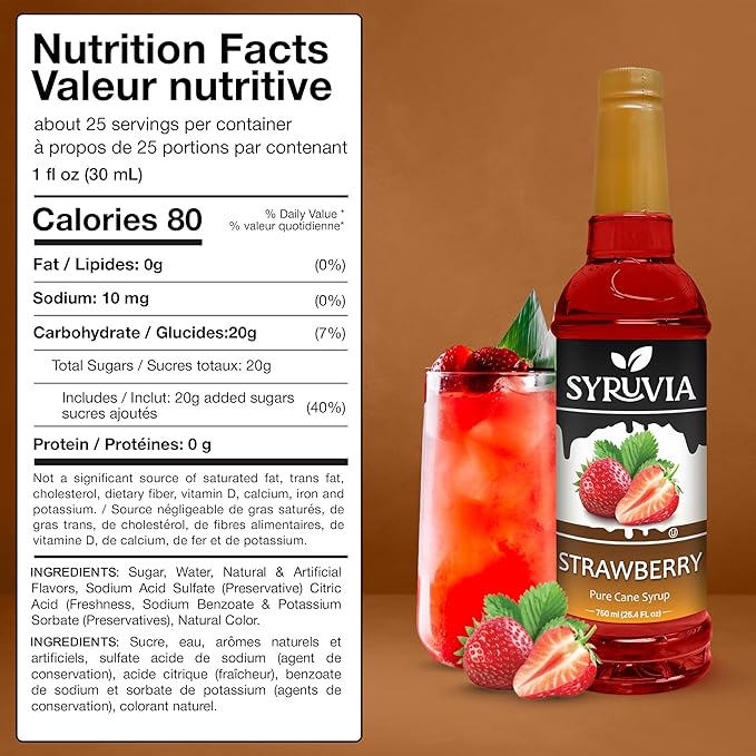 Syruvia Strawberry Syrup, Flavored Syrup for Drinks, Cocktails, Lemonades, Iced Teas, and Desserts – 25.4 fl oz, With Pump