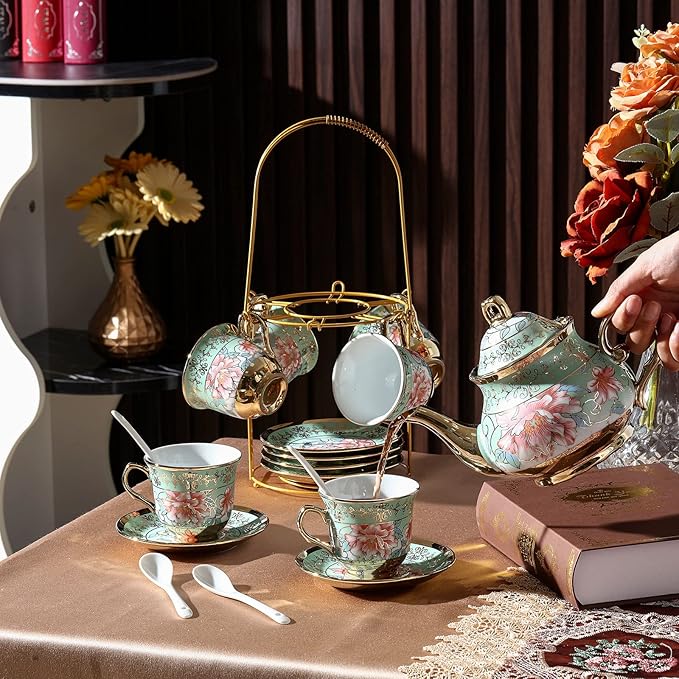 Zhehao 20 Pcs Porcelain Tea Set with Metal Holder and Spoon Adult Ceramic Tea Set European Flower Painting Teapot Cup Saucer Spoon for Women, Large Version (Fresh Style)