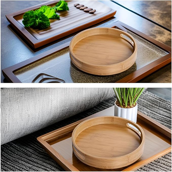 RHBLME 2 Pack Round Wood Tray - 12 Inch & 14 Inch, Handles, Decorative Ottoman Bamboo Serve Tray for Food, Cocktail, Drink