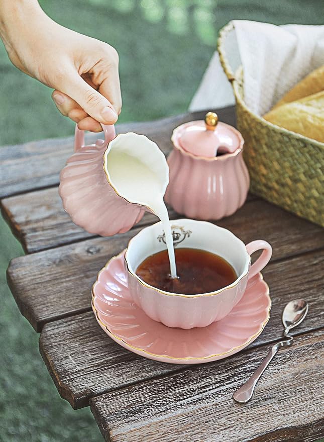 Amazingware Royal Tea Cups and Saucers, with Gold Trim and Gift Box, British Coffee Cups, Porcelain Tea Set, Set of 6 (8 oz)- Pink