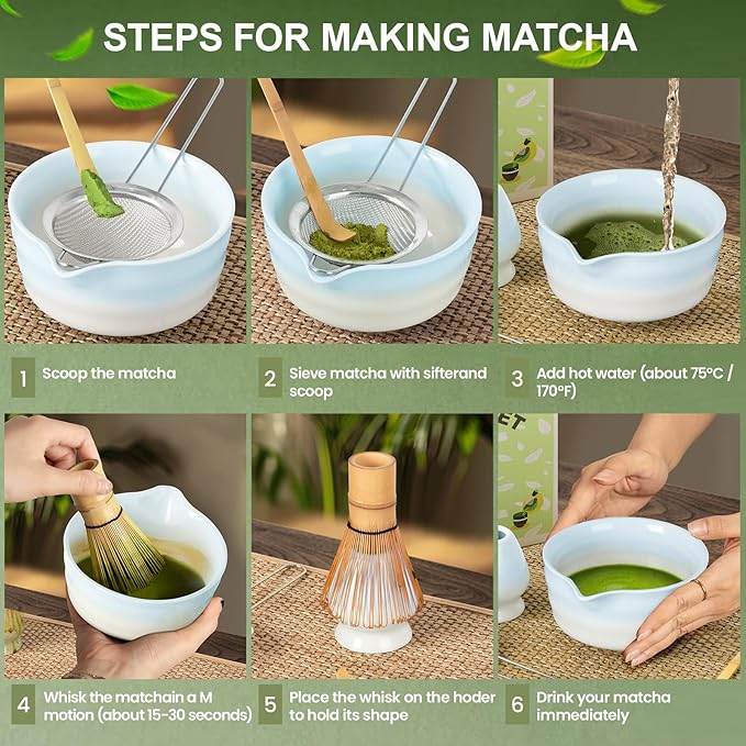 Dayacoco Matcha Whisk Set,Ceramic Matcha Kit Set Includes Bowl with Spout, Whisk,Holder,Bamboo Scoop and Sifter,5 pcs Matcha Tea Kit for Matcha Lovers, Ideal Gift Christmas, Birthday (Blue gradient)