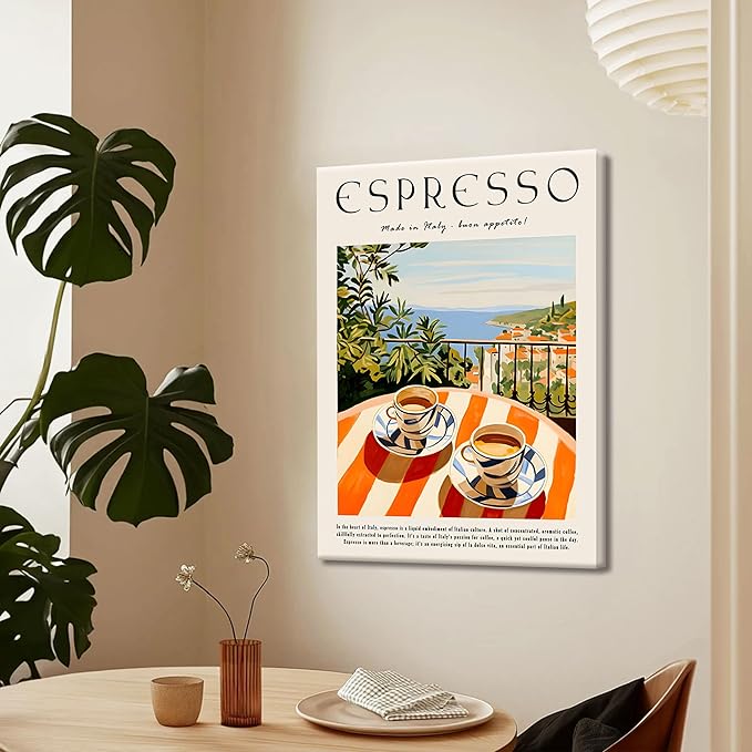 Vintage Espresso Kitchen Wall Art – Retro Italy Coffee Sign Canvas Prints – Framed Cozy Coffee Bar Wall Decor for Dining Room Kitchen Home Decoration – 12x16in